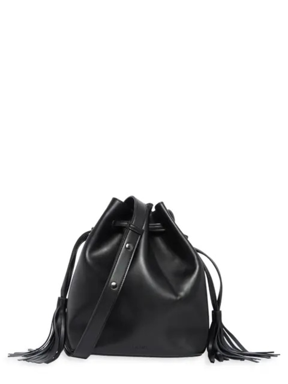 BCBG Black Faux Leather Drawstring Shoulder Bucket Bag with Tassels